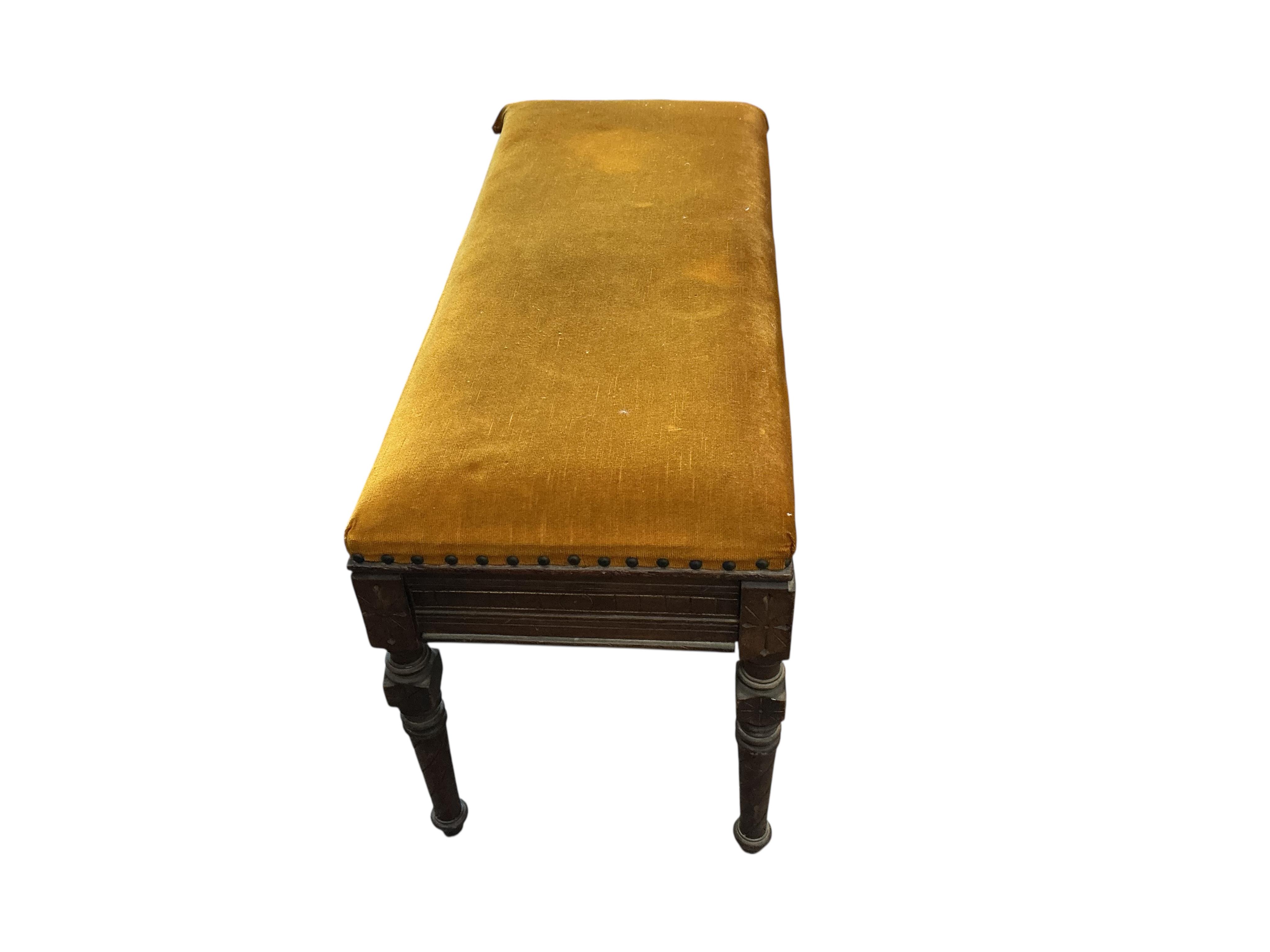 A late Victorian mahogany Aesthetic movement box seat duet piano stool, width 92cm, depth 38cm, height 47cm